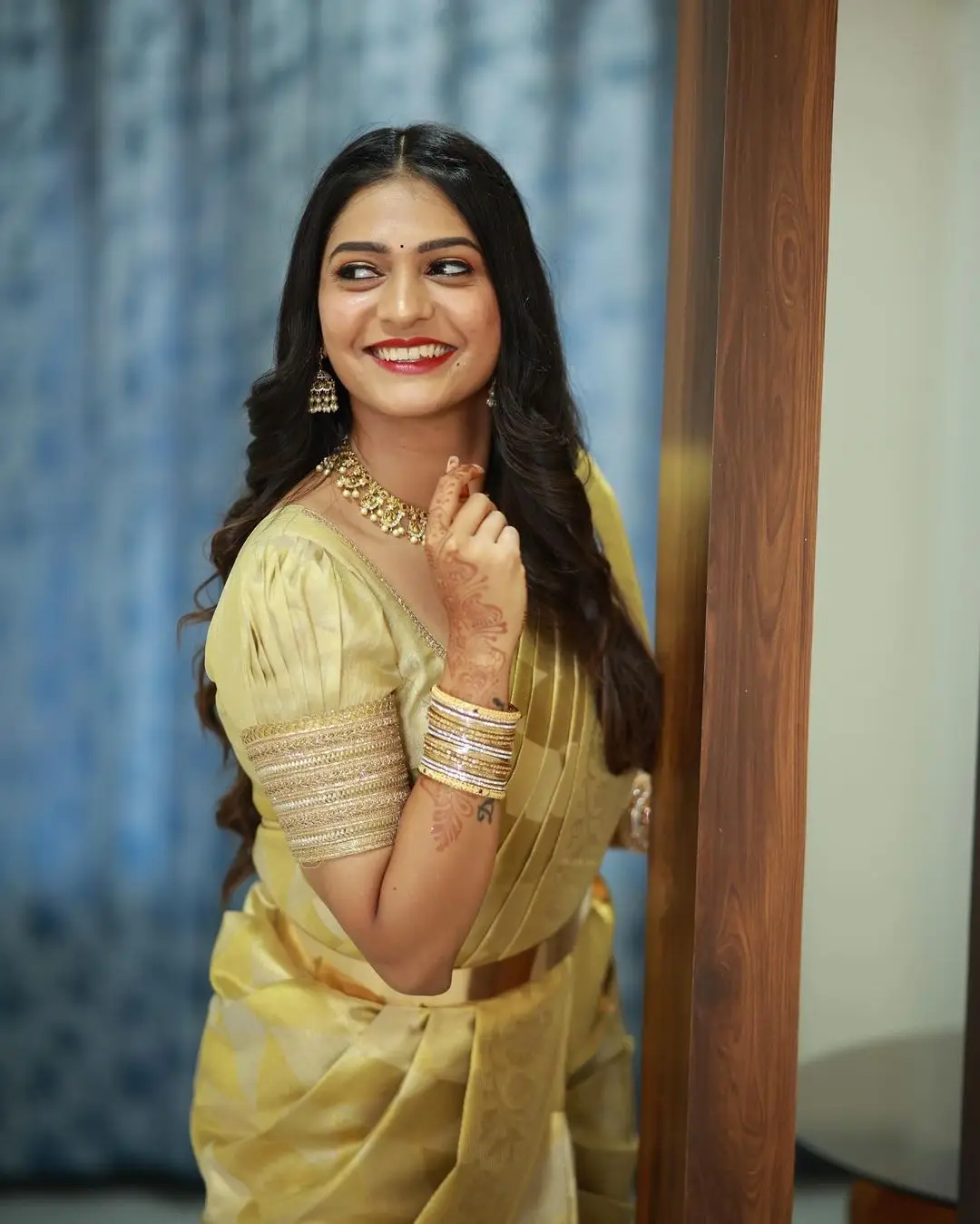 Nisarga Gowda In South Indian Traditional Yellow Saree Blouse